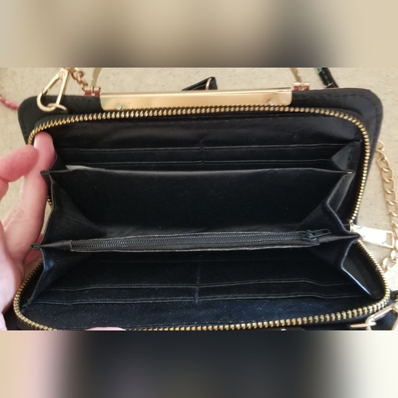 Clutch Wallet Black and Pink Floral Polka Dot Clutch with Chain Strap - Picture 4 of 13